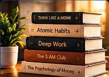 Stack of mindset and personal-growth books on a desk