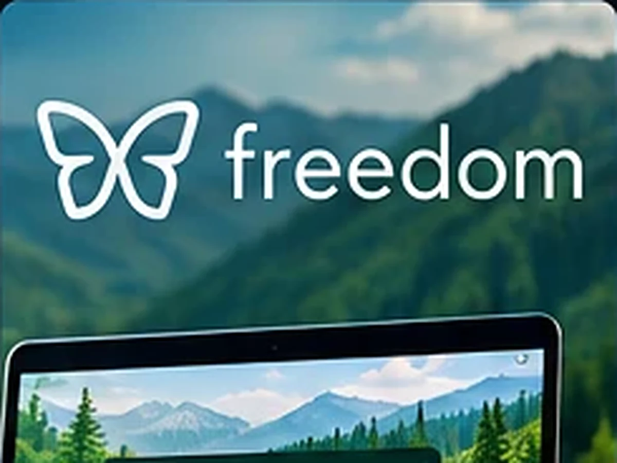 Freedom app shown blocking distracting websites and apps across a laptop and phone