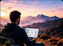 Person using a laptop outdoors overlooking mountains
