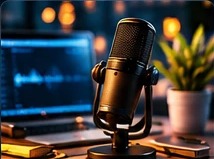 Studio microphone and headphones on a stand